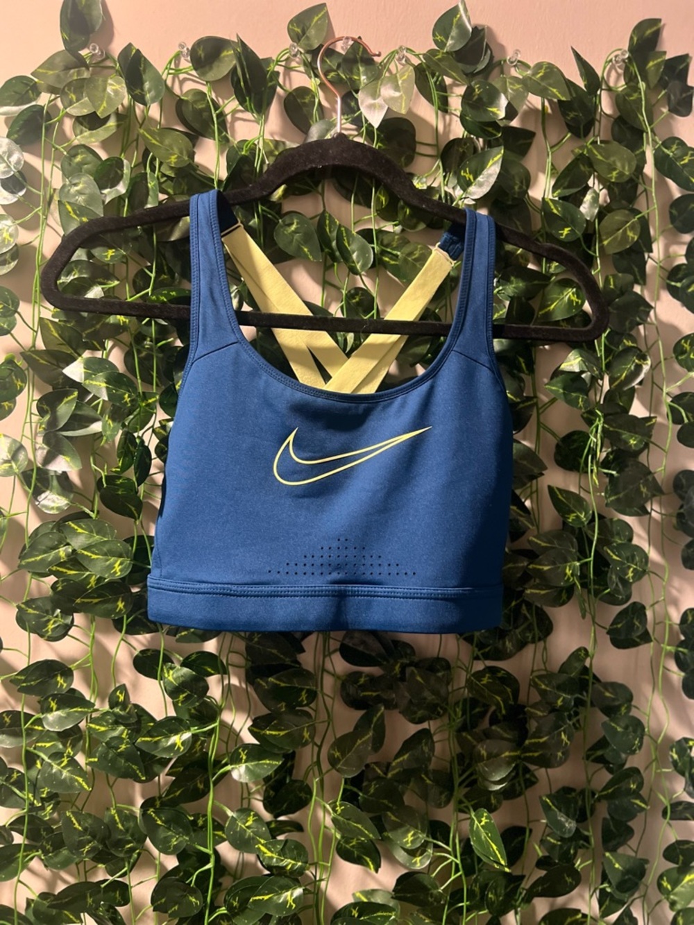 Nike Royal Blue Sports Bra Size M with Yellow Swoosh and Straps